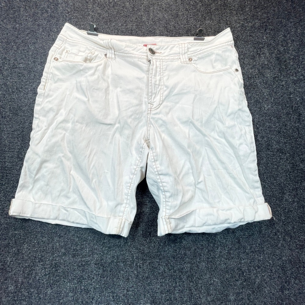 Faded Glory White Denim Bermuda Shorts Womens 14 Cuffed Stretch Contrast Stitch